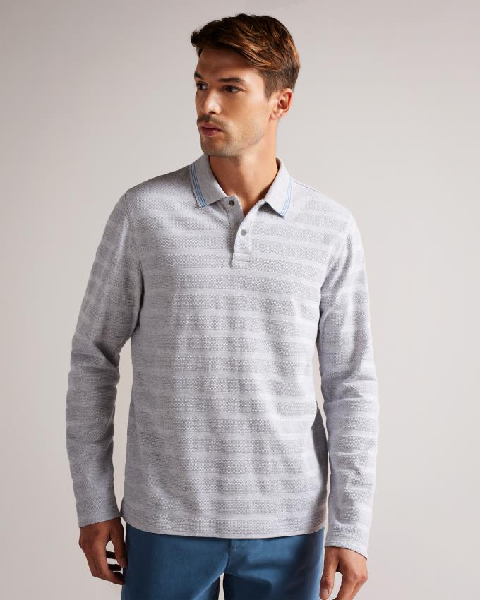 Polo Ted Baker Long Sleeve Textured Stripe Grise Homme | TAR-16092370